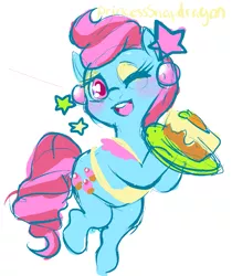 Size: 943x1122 | Tagged: safe, artist:princesssnapdragon, derpibooru import, cup cake, pony, bipedal, blushing, cake, food, sketch, solo, wink