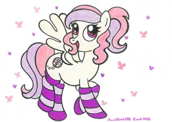 Size: 1024x724 | Tagged: artist:annemarie1986, butterfly, clothes, derpibooru import, oc, oc:cuddle bug, safe, socks, solo, striped socks, traditional art, unofficial characters only