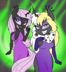 Size: 720x783 | Tagged: safe, artist:sweetfilthyfun, derpibooru import, fleur-de-lis, changeling queen oc, oc, oc:queen papillon, oc:queen vaspira, unofficial characters only, anthro, changeling, changeling queen, bedroom eyes, changelingified, chibi, clothes, dress, female, licking, licking lips, patreon, patreon logo, purple changeling, species swap, tongue out, yellow changeling