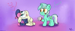 Size: 3440x1440 | Tagged: safe, artist:machstyle, derpibooru import, bon bon, lyra heartstrings, sweetie drops, earth pony, pony, unicorn, abstract background, annoyed, bon bon is not amused, duo, gloves