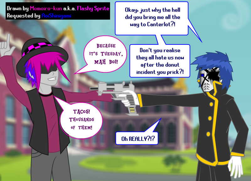 Size: 1350x975 | Tagged: safe, artist:momoiro-kun, derpibooru import, oc, oc:flashy sprite, unofficial characters only, equestria girls, aoishinigami, comic, humanized, taco tuesday, weapon