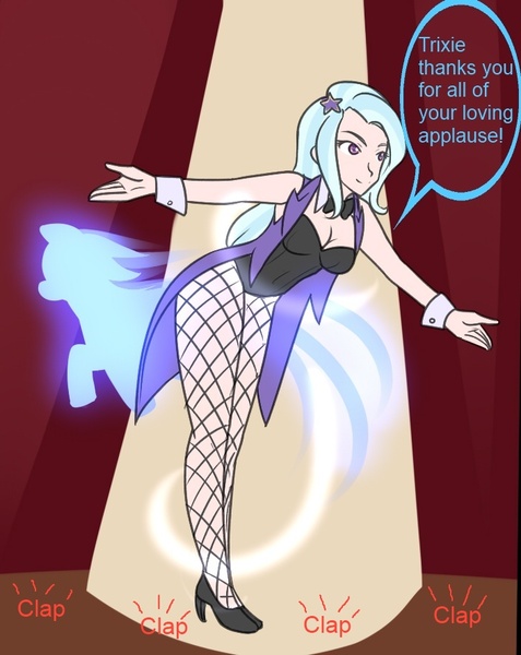 Size: 705x887 | Tagged: artist:jonfawkes, artist:jrain9110, bowtie, clapping, clothes, coat, derpibooru import, fishnets, high heels, human, humanized, human to pony, imminent transformation, leotard, magic, magician, magician outfit, part of a series, part of a set, safe, solo, speech bubble, stage, stockings, transformation sequence, trixie