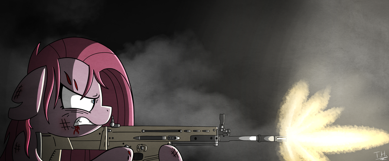 Size: 7200x3000 | Tagged: semi-grimdark, artist:fakskis, derpibooru import, pinkie pie, assault rifle, cut, fn scar, gun, holding hooves, muzzle flash, pinkamena diane pie, rifle, scratches, smoke, solo, weapon