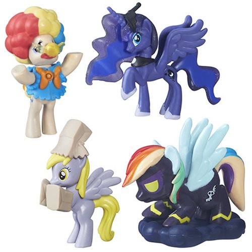 Size: 500x500 | Tagged: safe, derpibooru import, derpy hooves, mayor mare, princess luna, rainbow dash, pegasus, pony, afro, clothes, clown, clown nose, costume, doll, female, friendship is magic collection, mare, nightmare night, paper bag wizard, shadowbolt dash, shadowbolts, shadowbolts costume, simple background, toy, white background