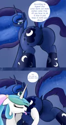 Size: 2000x3768 | Tagged: suggestive, artist:twiren, derpibooru import, princess celestia, princess luna, alicorn, pony, bedroom eyes, comic, dock, female, incest, legend, lesbian, licking, looking at you, looking back, moonbutt, plot, princest, shipping, tongue out