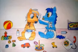 Size: 2323x1538 | Tagged: safe, artist:saxpony, derpibooru import, oc, oc:skaj, oc:steel wing, unofficial characters only, pegasus, pony, baby, baby bottle, baby pony, blocks, boop, cute, diaper, foal, pacifier, plushie, smiling, toy