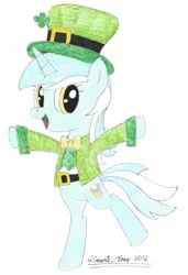 Size: 739x1080 | Tagged: safe, artist:bobbyjoedudley, artist:genericpony, derpibooru import, lyra heartstrings, pony, unicorn, bipedal, bowtie, clothes, clover, female, four leaf clover, hat, leprechaun, looking at you, mare, open mouth, saint patrick's day, simple background, smiling, solo, top hat, traditional art, white background