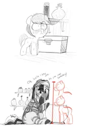 Size: 1132x1688 | Tagged: safe, artist:whydomenhavenipples, derpibooru import, oc, unofficial characters only, pony, zebra, blood, cauldron, female, macro, male, monochrome, nosebleed, quadrupedal, sitting, size comparison, size difference, sweat