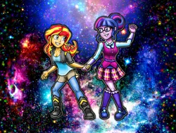 Size: 1024x768 | Tagged: safe, artist:mentalmongloid, derpibooru import, sci-twi, sunset shimmer, twilight sparkle, dance magic, equestria girls, friendship games, spoiler:eqg specials, dancing, female, galaxy, holding hands, lesbian, scitwishimmer, shipping, smiling, sparkles, sunsetsparkle, zettai ryouiki