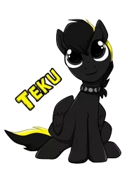 Size: 1592x2048 | Tagged: safe, artist:tayarinne, derpibooru import, oc, oc:shadow whip, unofficial characters only, pegasus, pony, derpibooru community collaboration, collar, cute, looking at you, male, pet play, ponysona, simple background, solo, stallion, text, transparent background, wings