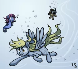 Size: 970x864 | Tagged: safe, artist:serenamidori, derpibooru import, derpy hooves, doctor whooves, time turner, pegasus, pony, sea pony, female, mare, swimming, underwater, water