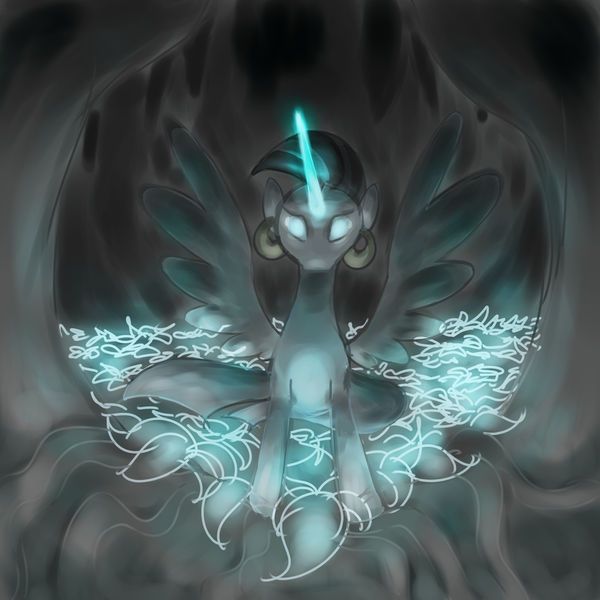 Size: 900x900 | Tagged: alicorn, alicornified, artist:perrydotto, derpibooru import, everfree forest, forest, glowing eyes, poison joke, race swap, safe, solo, zebra, zebra alicorn, zebracorn, zecora, zecoracorn