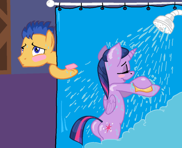 Size: 1796x1466 | Tagged: suggestive, artist:brony-commentator, derpibooru import, flash sentry, twilight sparkle, twilight sparkle (alicorn), alicorn, pony, ass, blushing, female, flashlight, imminent sex, male, mare, nervous, plot, shipping, shower, soap, soap bubble, story included, straight, the ass was fat, twibutt, wet, wet mane