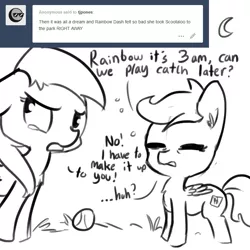 Size: 792x792 | Tagged: safe, artist:tjpones, derpibooru import, rainbow dash, scootaloo, pegasus, pony, apology, baseball, black and white, chest fluff, crying, dialogue, ear fluff, grayscale, it was all a dream, monochrome, moon, scootalove, simple background, sleepy, teary eyes, tired, tumblr, what a twist, white background
