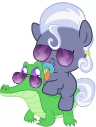 Size: 786x1042 | Tagged: safe, artist:red4567, derpibooru import, gummy, hoity toity, pony, baby, baby pony, cute, pacifier, ponies riding gators, recolor, riding, sunglasses, weapons-grade cute
