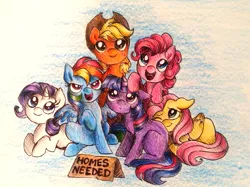 Size: 1157x864 | Tagged: adoption, applejack, artist:buttersprinkle, blank flank, colored pencil drawing, cute, derpibooru import, fluttershy, looking up, mane six, pen drawing, pinkie pie, rainbow dash, rarity, safe, smiling, traditional art, twilight sparkle, younger