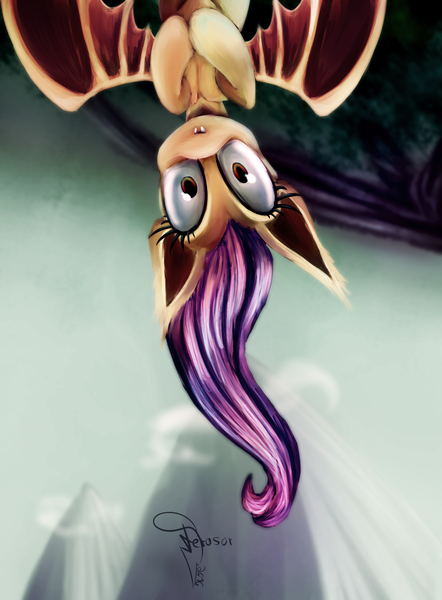 Size: 1400x1900 | Tagged: safe, artist:ferasor, derpibooru import, fluttershy, bat pony, pony, flutterbat, looking at you, solo, upside down