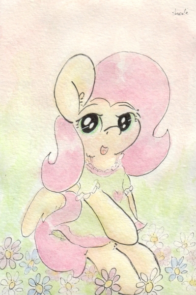 Size: 683x1028 | Tagged: safe, artist:slightlyshade, derpibooru import, fluttershy, clothes, dress, flower, sitting, solo, traditional art