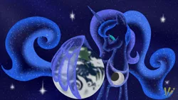 Size: 3072x1728 | Tagged: artist:virenth, derpibooru import, macro, moon, planet, pony bigger than a planet, princess luna, safe, space, stars, wallpaper