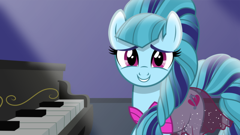 Size: 2172x1224 | Tagged: safe, artist:xebck, derpibooru import, sonata dusk, ponified, equestria girls, rainbow rocks, the mane attraction, alternate hairstyle, alternate universe, clothes, dress, equestria girls ponified, looking at you, piano, role reversal, scene interpretation, smiling, solo, vector