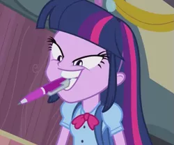 Size: 547x455 | Tagged: safe, derpibooru import, screencap, twilight sparkle, equestria girls, evil, evil grin, faic, great moments in animation, grin, pen, pure unfiltered evil