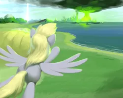 Size: 1125x900 | Tagged: safe, artist:moonlitbrush, derpibooru import, derpy hooves, ditzy doo, pegasus, pony, comic:derpy deliveries, fallout equestria, fanfic, balefire bomb, explosion, fanfic art, female, flying, hill, hooves, manehattan, mare, megaspell, megaspell explosion, mushroom cloud, nuclear explosion, scenery, solo, spread wings, wings