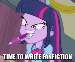 Size: 547x455 | Tagged: safe, derpibooru import, screencap, twilight sparkle, equestria girls, faic, image macro, lidded eyes, meme, mouth drawing, mouth hold, pen, solo