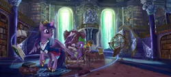 Size: 5940x2693 | Tagged: safe, artist:devinian, derpibooru import, owlowiscious, spike, twilight sparkle, twilight sparkle (alicorn), alicorn, bird, owl, pony, absurd resolution, armillary sphere, book, bookshelf, chair, clothes, crystal, detailed, female, flying, globe, hoof shoes, ladder, lamp, levitation, library, luxury, magic, magic circle, mare, necklace, painting, pillar, princess shoes, quill, railing, scenery, scenery porn, scroll, sitting, stairs, statue, technical advanced, telekinesis, twilight's castle, twilight's castle library, window