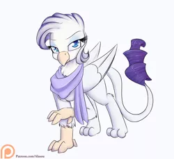 Size: 1750x1600 | Tagged: safe, artist:alasou, deleted from derpibooru, derpibooru import, rarity, gryphon, clothes, griffonized, my little griffon, patreon, patreon logo, raised claw, scarf, simple background, solo, species swap, white background