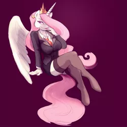 Size: 1280x1280 | Tagged: suggestive, artist:redfez, derpibooru import, princess celestia, anthro, unguligrade anthro, princess molestia, bedroom eyes, clothes, crossed legs, female, hair over one eye, looking at you, nail polish, principal, school uniform, secretary, solo, solo female, stockings, tongue out, uniform