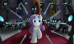 Size: 1024x614 | Tagged: safe, artist:kickassking, derpibooru import, rarity, changeling, pony, unicorn, army, canterlot, canterlot castle, fight, magic, throne room