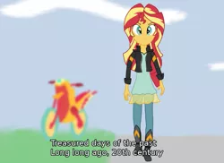 Size: 845x615 | Tagged: safe, artist:zharkaer, derpibooru import, sunset shimmer, human, equestria girls, kamen rider, kamen rider black, motorcycle, solo, subtitles