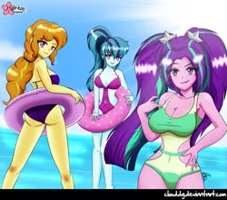 Size: 1021x900 | Tagged: suggestive, artist:clouddg, derpibooru import, adagio dazzle, aria blaze, sonata dusk, equestria girls, rainbow rocks, adagio dat-azzle, armpits, ass, beach, belly button, breasts, busty adagio dazzle, busty aria blaze, busty dazzlings, busty sonata dusk, butt, cleavage, clothes, crepuscular rays, eyeshadow, female, floaty, inner tube, lipstick, looking at you, makeup, one-piece swimsuit, sexy, sideboob, swimsuit, the ass was fat, the dazzlings, wide hips