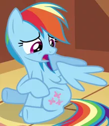 Size: 454x523 | Tagged: safe, derpibooru import, screencap, rainbow dash, pegasus, pony, magical mystery cure, cropped, female, mare, outfit catalog, pointing, sitting, solo, swapped cutie marks, what my cutie mark is telling me