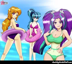 Size: 1021x900 | Tagged: suggestive, artist:clouddg, derpibooru import, adagio dazzle, aria blaze, sonata dusk, human, equestria girls, rainbow rocks, adagio dat-azzle, armpits, ass, beach, breasts, busty adagio dazzle, busty aria blaze, busty dazzlings, busty sonata dusk, butt, cleavage, clothes, eyeshadow, female, floaty, human coloration, inner tube, lipstick, looking at you, makeup, one-piece swimsuit, sideboob, swimsuit, the dazzlings, trio, trio female, wide hips