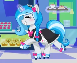 Size: 1460x1200 | Tagged: safe, artist:kaikururu, derpibooru import, oc, oc:bubble lee, oc:imago, unofficial characters only, pony, unicorn, clothes, commission, cute, dress, eyes closed, female, glow, glowing horn, grin, horn, image, indoors, levitation, magic, maid, mare, png, roller skates, smiling, solo, telekinesis, tray, unicorn oc, ych result
