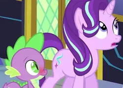 Size: 504x360 | Tagged: blushing, derpibooru import, edit, edited screencap, eyes on the prize, female, image macro, male, meme, out of context, screencap, shipping, sparlight, spike, starlight glimmer, straight, suggestive, the crystalling