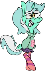 Size: 703x1115 | Tagged: safe, artist:fancykarp, derpibooru import, lyra heartstrings, pony, bipedal, cartoony, clothes, cute, dress, lyrabetes, pantyhose, pleated skirt, reference, silly, simple background, skirt, smiling, socks, solo, star vs the forces of evil, striped socks, sweater, transparent background