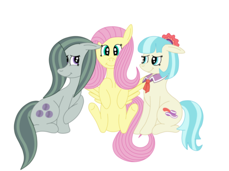 Size: 1512x1128 | Tagged: safe, artist:squipycheetah, derpibooru import, coco pommel, fluttershy, marble pie, earth pony, pegasus, pony, hearthbreakers, alternate hairstyle, cocobetes, crossed hooves, cute, floppy ears, hair bow, hair bun, hair over one eye, happy, looking at you, looking back, looking up, marblebetes, necktie, shy, shyabetes, simple background, sitting, smiling, spread wings, the council of shy ponies, transparent background, trio, vector