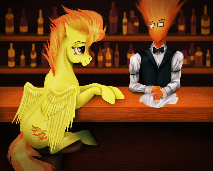 Size: 1296x1040 | Tagged: artist:startoucher, bar, bartender, crossover, derpibooru import, grillby, safe, spitfire, undertale