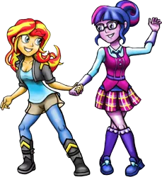 Size: 558x609 | Tagged: safe, artist:mentalmongloid, derpibooru import, sci-twi, sunset shimmer, twilight sparkle, dance magic, equestria girls, friendship games, spoiler:eqg specials, clothes, crystal prep academy uniform, dancing, female, friendshipping, holding hands, lesbian, school uniform, scitwishimmer, shipping, simple background, smiling, sunsetsparkle, transparent background