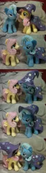 Size: 1600x6000 | Tagged: safe, derpibooru import, fluttershy, trixie, pony, unicorn, 4de, absurd resolution, accessory swap, boop, clothes, clothes swap, female, irl, lesbian, mare, noseboop, photo, plushie, shipping, trixie's cape, trixie's hat, trixieshy