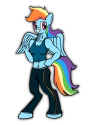 Size: 1836x2500 | Tagged: anthro, artist:mcsplosion, clothes, derpibooru import, exercise, midriff, rainbow dash, safe, solo, sports bra, track pants, unguligrade anthro