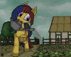 Size: 1603x1292 | Tagged: safe, artist:yahmos, derpibooru import, oc, oc:ayvendil, unofficial characters only, earth pony, pony, female, plants, solo, village, watering, watering can