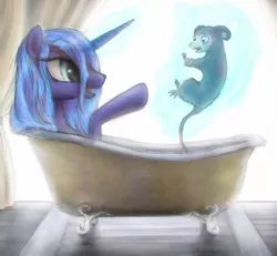 Size: 2845x2626 | Tagged: safe, artist:plotcore, derpibooru import, princess luna, tiberius, alicorn, pony, bath, bathing, bathtub, chromatic aberration, claw foot bathtub, cute, female, lunabetes, magic, mare, pet, s1 luna, telekinesis, wet mane