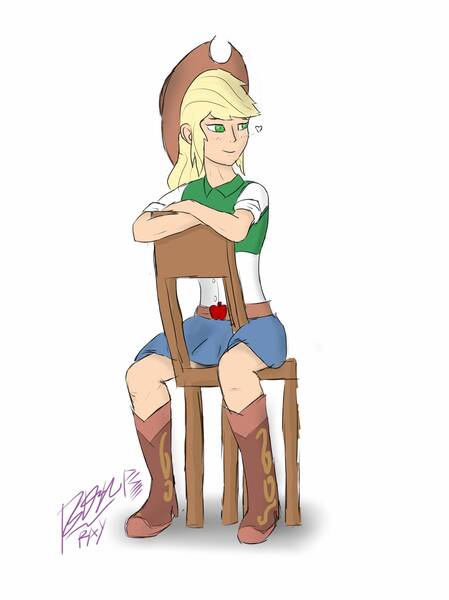 Size: 1494x1996 | Tagged: applejack, artist:pwnagespartan, chair, derpibooru import, human, humanized, safe, sitting, solo