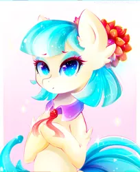 Size: 1631x1997 | Tagged: safe, artist:koveliana, derpibooru import, coco pommel, earth pony, pony, chromatic aberration, cocobetes, color porn, cute, eyeshadow, female, makeup, mare, solo, sparkly eyes