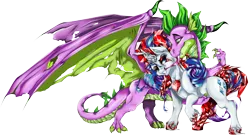 Size: 7287x4000 | Tagged: safe, artist:dimidiummorsumbra, derpibooru import, rarity, spike, fire ruby, gem, older, possessed, shipping, sparity, straight, torn wings, winged spike