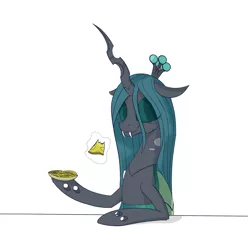 Size: 2000x2000 | Tagged: artist:soveno, dead source, derpibooru import, eating, food, pancakes, queen chrysalis, safe, simple background, solo