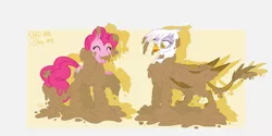 Size: 2000x1000 | Tagged: safe, artist:akashasi, derpibooru import, gilda, pinkie pie, gryphon, cute, messy, mud, playing